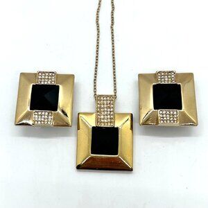 Vintage Park Lane Necklace Clip-On Earring Art Deco Inspired Gold Tone Black 32"